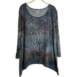 Kim Rogers Curvy Womens Knit Pullover Size 3X Blue Mixed Animal Print 3Q Sleeve